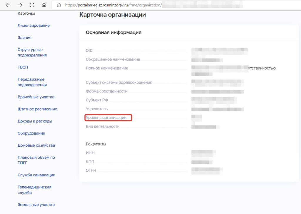 Где в фрмо заполнить виды оказываемых услуг. Карточка организации. Идентификатор организации. Уровень организации в ФРМО. Уровень организации в ЕГИСЗ.